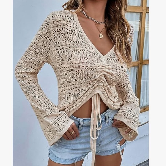 Loose Knit Drawstring Long Bell Sleeve Pullover, Size XL, NWT - Picture 3 of 10